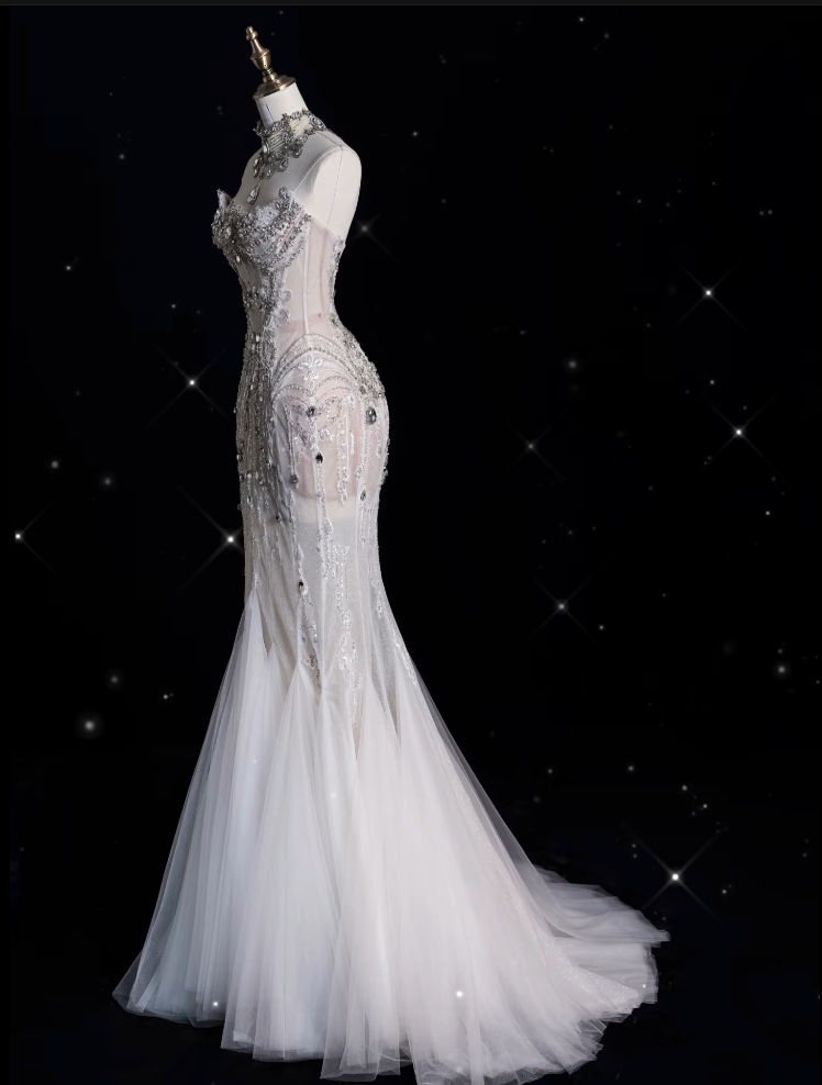 Sexy Mermaid Strapless Tulle With Silver Beads Long Wedding Dress Brides Dresses Secondary image