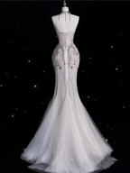 Sexy Mermaid Strapless Tulle With Silver Beads Long Wedding Dress Brides Dresses