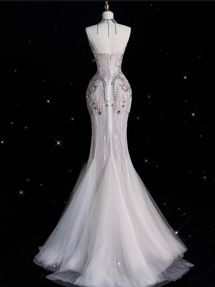 Sexy Mermaid Strapless Tulle With Silver Beads Long Wedding Dress Brides Dresses