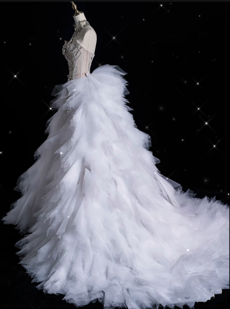 Sexy Mermaid Strapless Tulle With Silver Beads Long Wedding Dress Brides Dresses