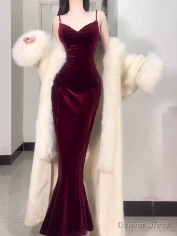 Sexy Mermaid Straps Burgundy Long Prom Dress Birthday Outfits Main image