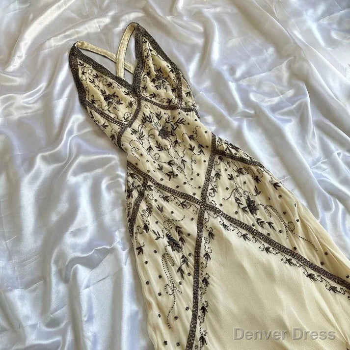 Sexy Mermaid Straps Chiffon Beaded Long Prom Dress Backless Prom Dress