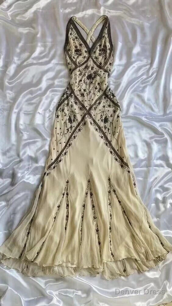 Sexy Mermaid Straps Chiffon Beaded Long Prom Dress Backless Prom Dress
