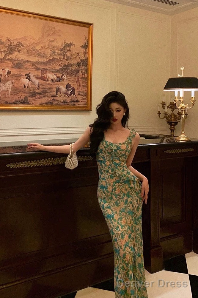 Sexy Mermaid Straps Floral Green Chiffon Prom Dresses Birthday Outfits Prom Gowns