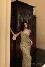 Sexy Mermaid Straps Floral Green Chiffon Prom Dresses Birthday Outfits Prom Gowns