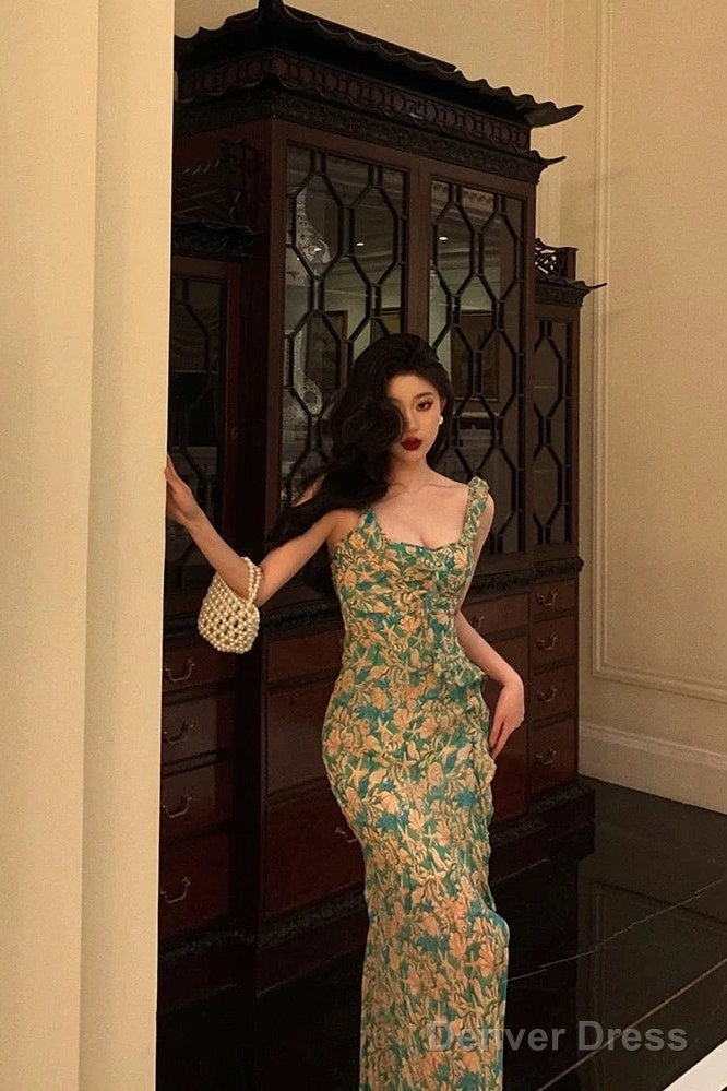 Sexy Mermaid Straps Floral Green Chiffon Prom Dresses Birthday Outfits Prom Gowns