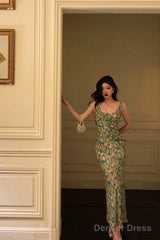Sexy Mermaid Straps Floral Green Chiffon Prom Dresses Birthday Outfits Evening Gown