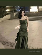 Sexy Mermaid Straps Green Prom Dress Satin Long Prom Dresses