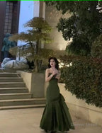Sexy Mermaid Straps Green Prom Dress Satin Long Prom Dresses