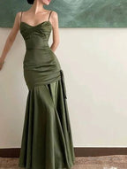 Sexy Mermaid Straps Green Prom Dress Satin Long Prom Dresses