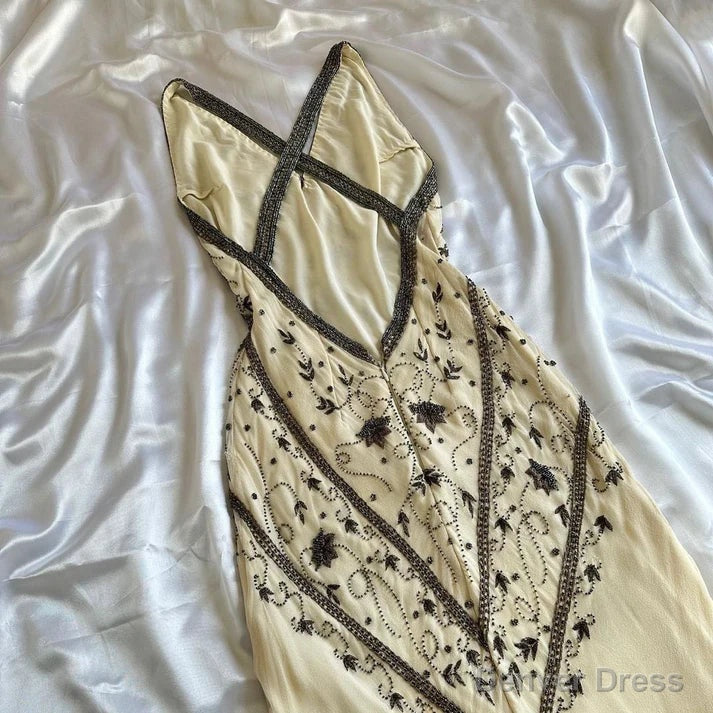 Sexy Mermaid Straps Long Prom Dress Beaded Backless Formal Evening Dress