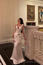 Sexy Mermaid Straps White Long Satin Prom Dresses Birthday Outfits