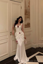 Sexy Mermaid Straps White Long Satin Prom Dresses Birthday Outfits