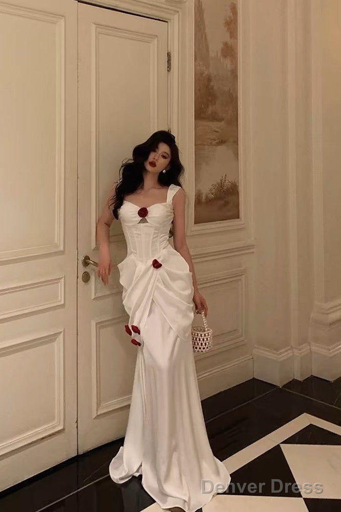 Sexy Mermaid Straps White Long Satin Prom Dresses Birthday Outfits