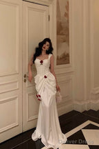 Sexy Mermaid Straps White Long Satin Prom Dresses Birthday Outfits