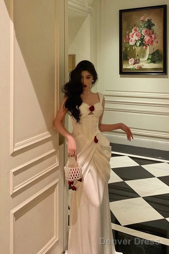 Sexy Mermaid Straps White Long Satin Prom Dresses Birthday Outfits