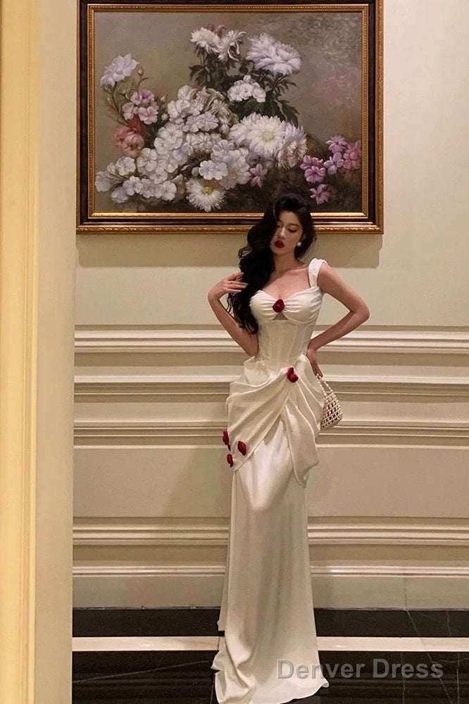 Sexy Mermaid Straps White Long Satin Prom Dresses Birthday Outfits