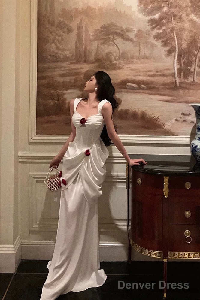 Sexy Mermaid Straps White Long Satin Prom Dresses Birthday Outfits Main image