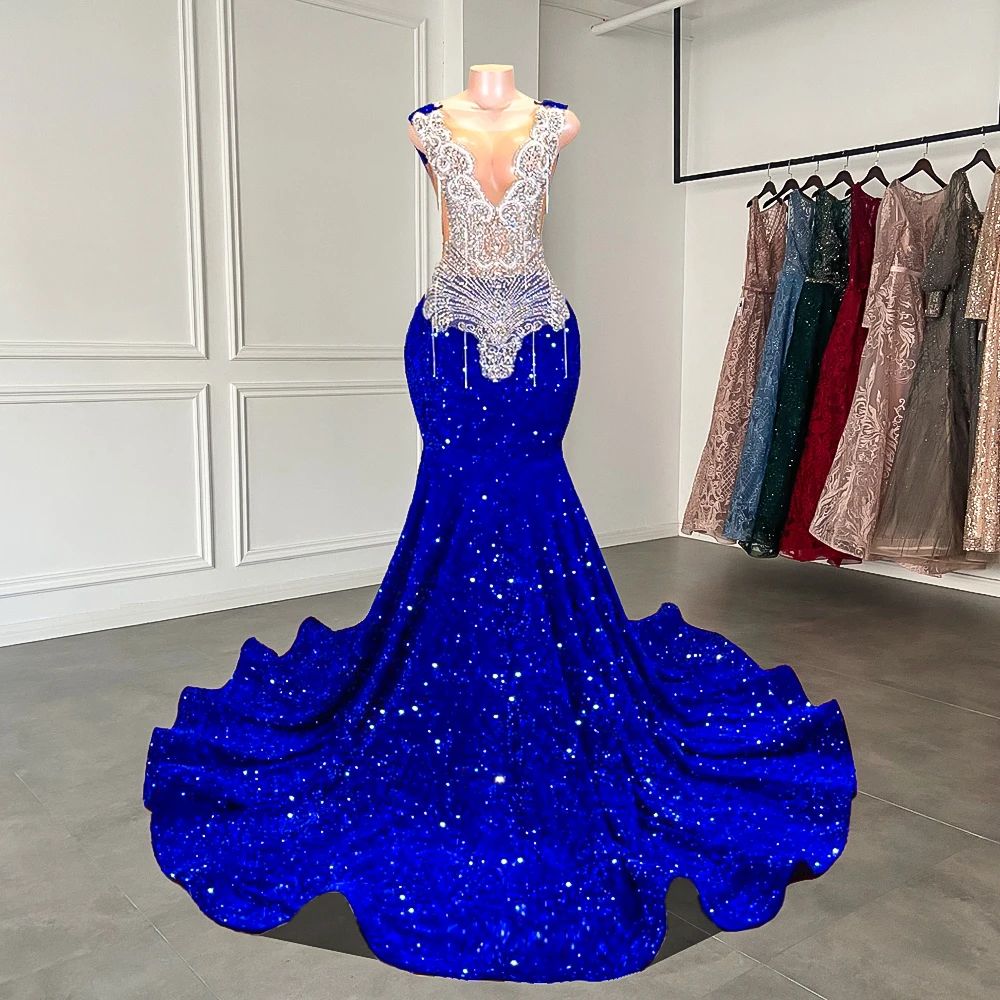 Sexy Mermaid Style Sheer Top Luxury Sparkly Silver Crystals Diamond Black Girls Royal Blue Long Prom Dresses Main image