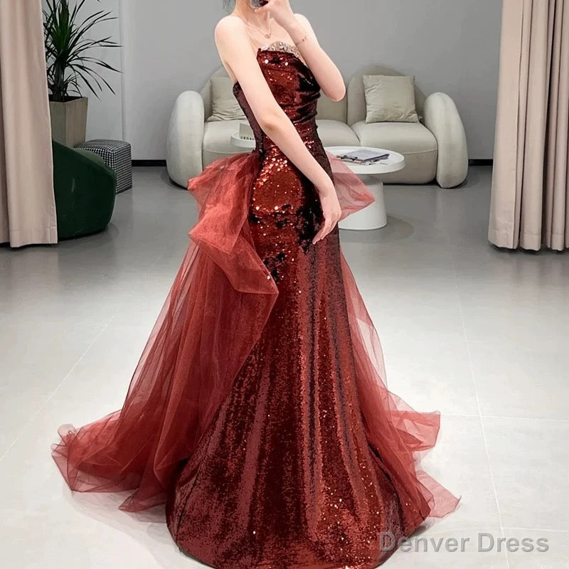 Sexy Mermaid Sweetheart Burgundy Floor Length Evening Dress Sequin Pro