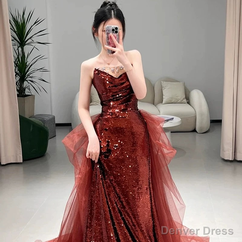 Sexy Mermaid Sweetheart Burgundy Floor Length Prom Dress Sequin Prom Dresses