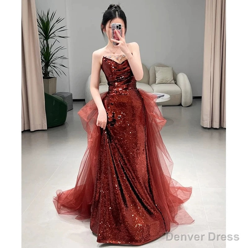 Sexy Mermaid Sweetheart Burgundy Floor Length Prom Dress Sequin Prom Dresses