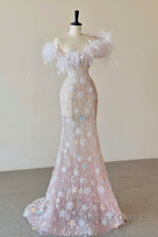 Sexy Mermaid Sweetheart Pink Lace Long Floral Prom Dresses Party Dresses