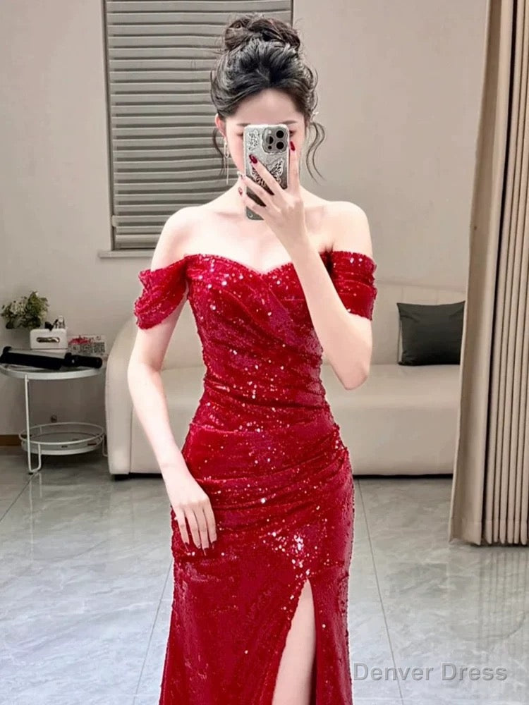 Sexy Mermaid Sweetheart Red Off The Shoulder Sequin Slit Floor Length Prom Dress