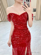 Sexy Mermaid Sweetheart Red Off The Shoulder Sequin Slit Floor Length Prom Dress