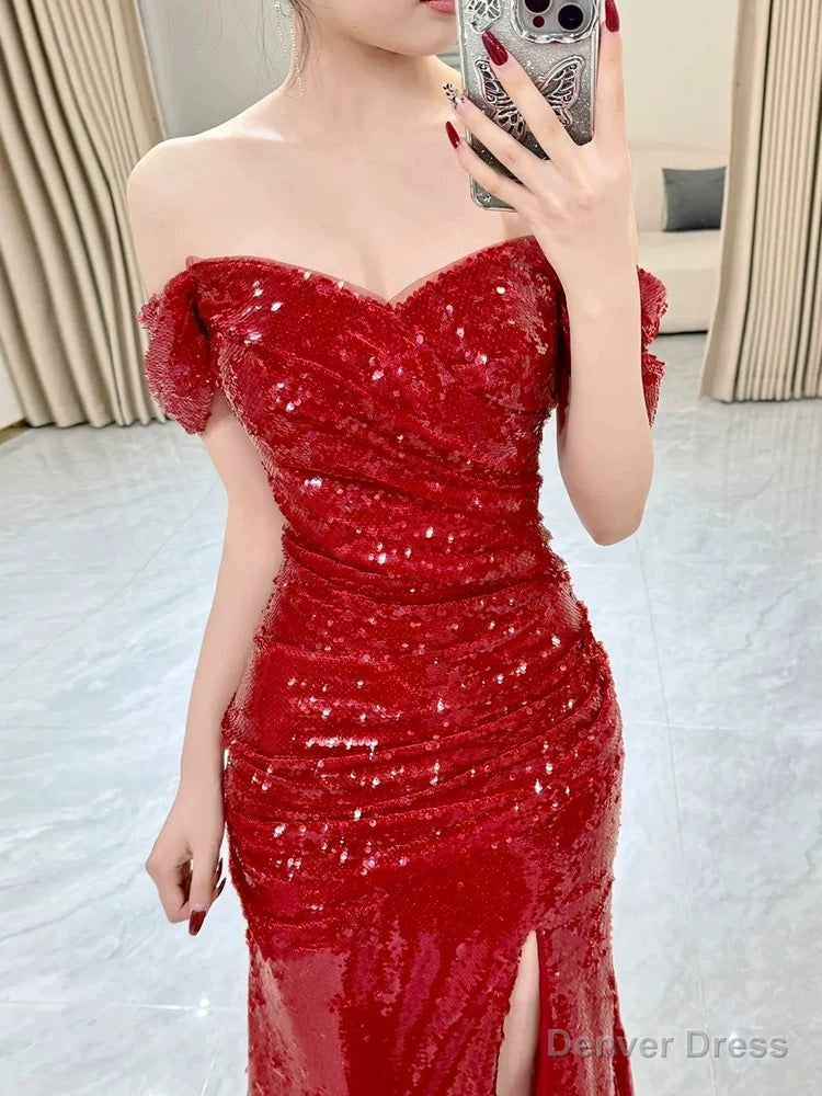 Sexy Mermaid Sweetheart Red Off The Shoulder Sequin Slit Floor Length Prom Dress