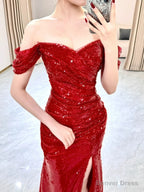 Sexy Mermaid Sweetheart Red Off The Shoulder Sequin Slit Floor Length Evening Dress Prom Dresses