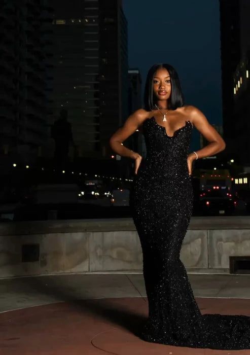 Micro Slit Sexy Mermaid Sweetheart Sequin Slit Black Long Prom Dress – Denver Dress