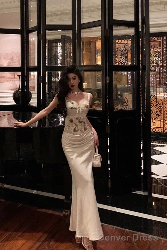 Sexy Mermaid Sweetheart Straps White Floral Long Satin Prom Dresses Birthday Outfits