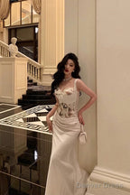 Sexy Mermaid Sweetheart Straps White Floral Long Satin Prom Dresses Birthday Outfits