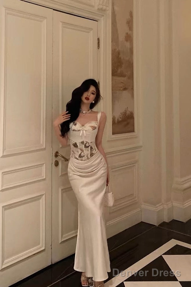 Sexy Mermaid Sweetheart Straps White Floral Long Satin Prom Dresses Birthday Outfits Main image