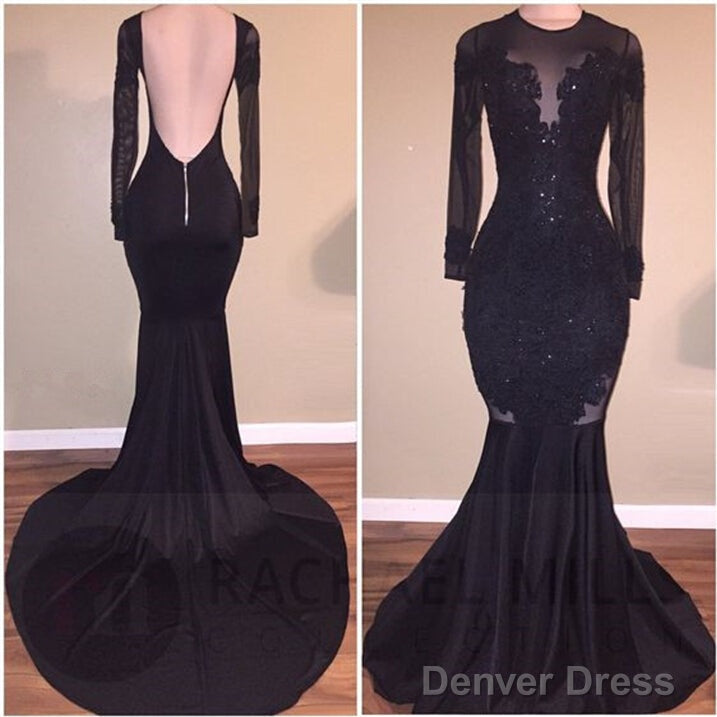 Sexy Mermaid Tulle Long-Sleeves Black Prom Dresses
