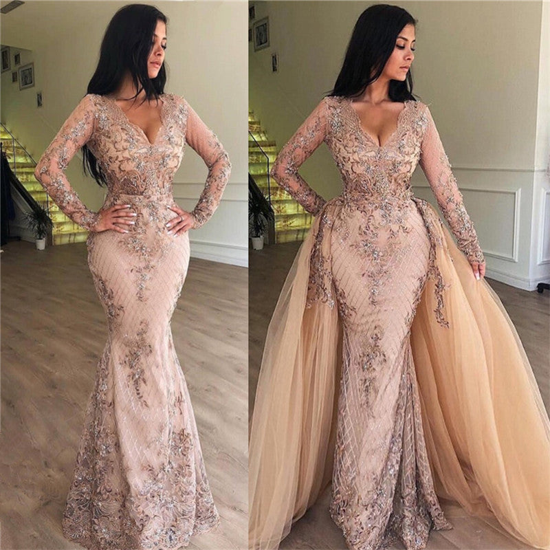 Sexy Mermaid V-Neck Long Sleeves Appliqued Prom Dresses With Detachable Skirt Secondary image