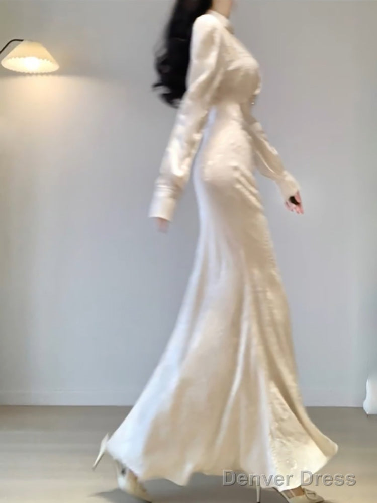 Sexy Mermaid V Neckline Long Sleeves White Prom Dresses Night Dress Birthday Outfits Secondary image
