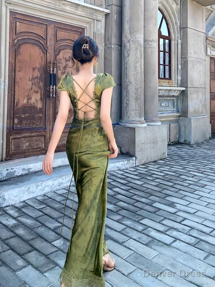 Sexy Mermaid V Neckline Short Sleeves Lace Green Floor Length Evening Dress Prom Dresses Main image