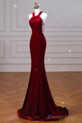 Sexy Mermaid Velvet Party Dresses Red Prom Dresses