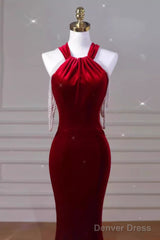 Sexy Mermaid Velvet Party Dresses Red Prom Dresses