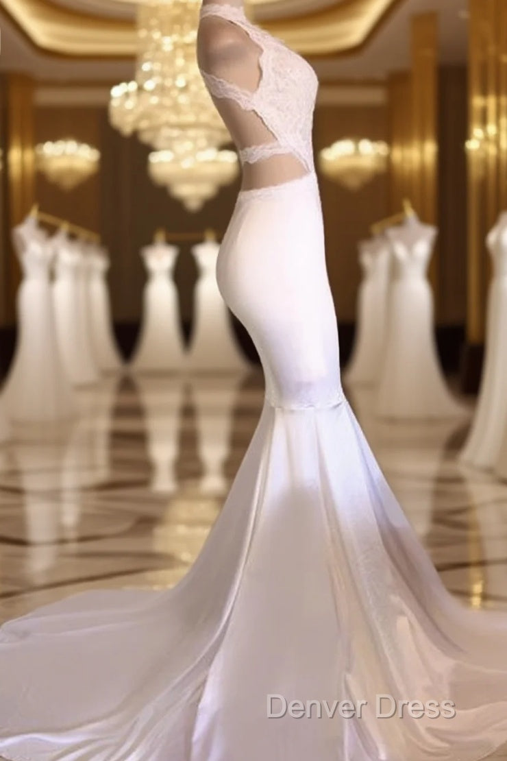 Sexy Open Back White Jersy Prom Dresses With High Collar