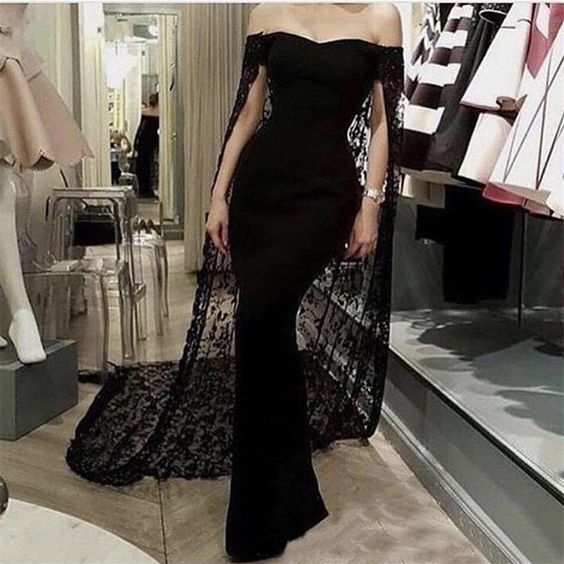 Black Noble And Elegant Mermaid Slim Lace Cape Elegant Long Floor-Length Trailing Ball Gowns Prom Dress Secondary image