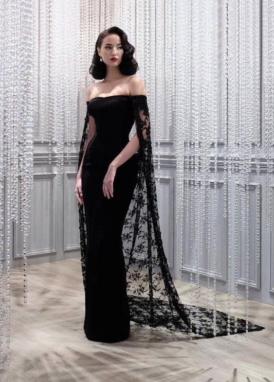 Black Noble And Elegant Mermaid Slim Lace Cape Elegant Long Floor-Length Trailing Ball Gowns Prom Dress Main image