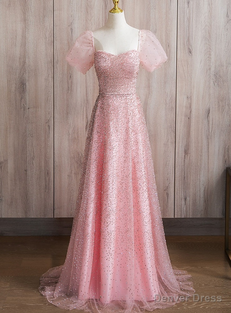 Sexy Pink Tulle Sequins Puff Sleeve Prom Dress Main image