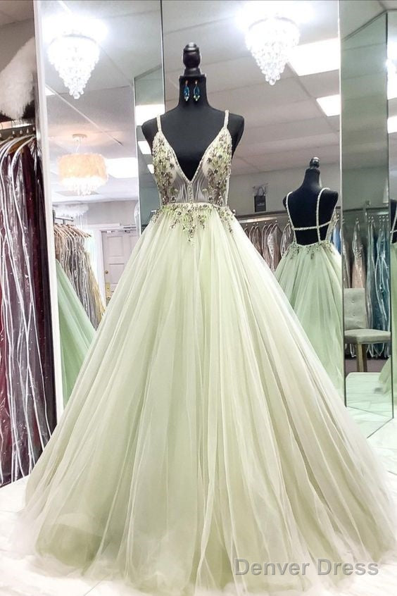 Sexy Plunge Sage Green Tulle Long Formal Dress Party Prom Dress With Open Back Main image