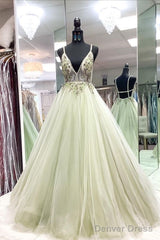 Sexy Plunge Sage Green Tulle Long Formal Dress Party Prom Dress With Open Back