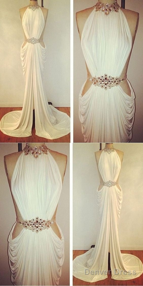 Sexy Prom Dresses Sheath Column High Neck Rhinestone Long White Prom Dress