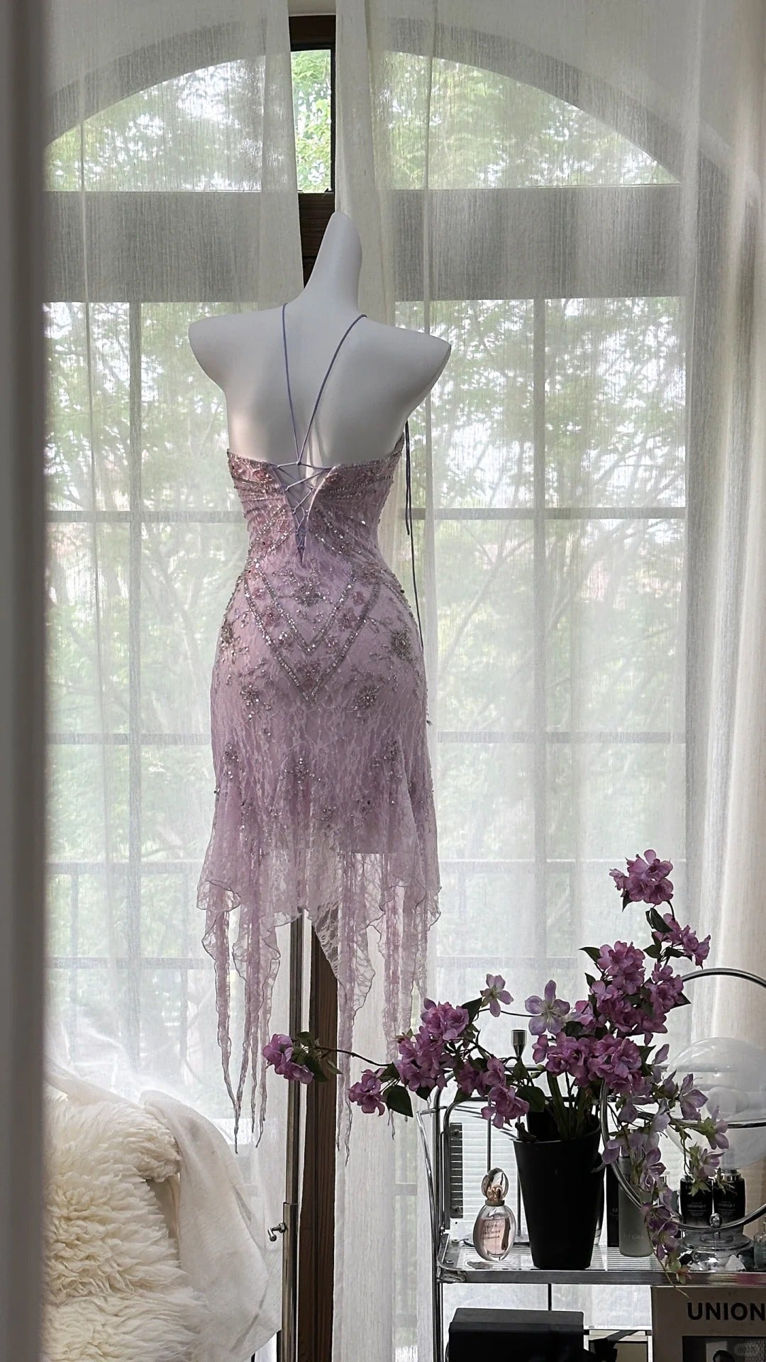 Sexy Purple Lace Tube Top Beaded Earrings Curled Skirt Prom Dresses
