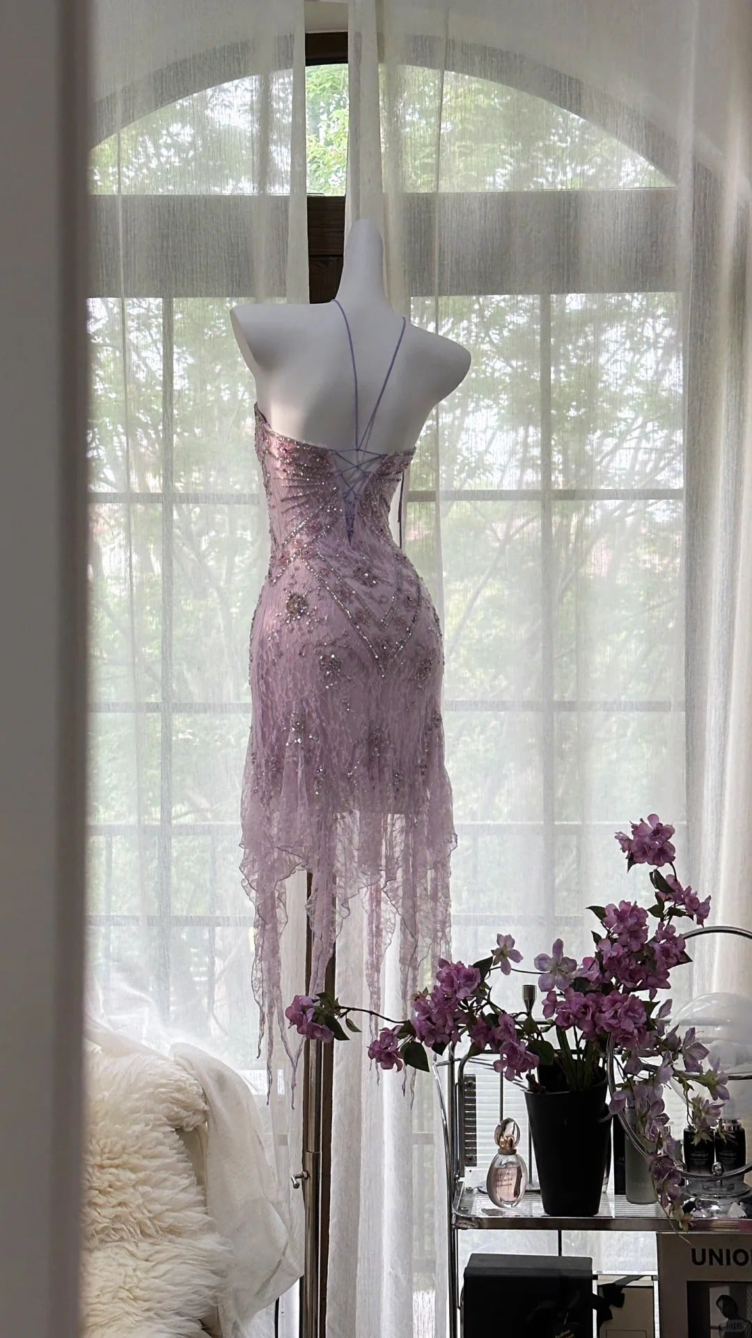 Sexy Purple Lace Tube Top Beaded Earrings Curled Skirt Prom Dresses